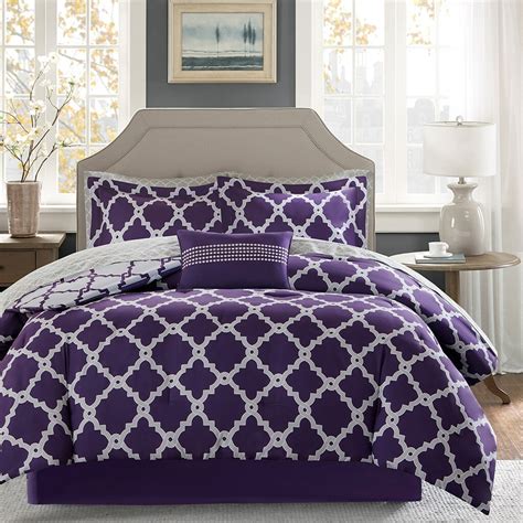 Purple And Grey Reversible Fretwork Comforter Set And
