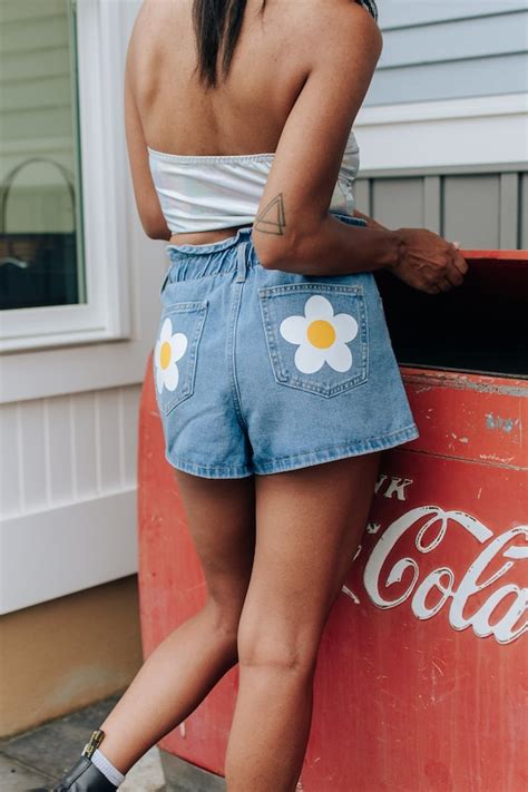 Daisy Dukes Denim Shorts Floral Pockets Jean Shorts With Etsy