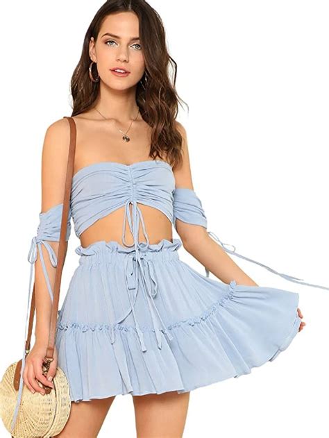 Floerns Womens Two Piece Outfit Off Shoulder Drawstring Crop Top And Skirt Set Short Skirts