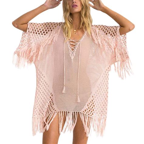 See Through Beach Cover Up With Tassels Women Crochet Knitted Mesh Beach Dress Tunic Cover Ups