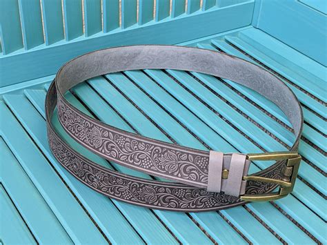 Gray Genuine Leather Belt Strap Western Style Embossed Etsy