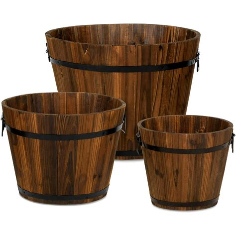 Decorx Set Of 3 Wooden Bucket Barrel Garden Planters Set Rustic