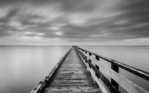 Lake Bridge Fog Ocean Sea Black White Monochrome Sky Clouds Pier