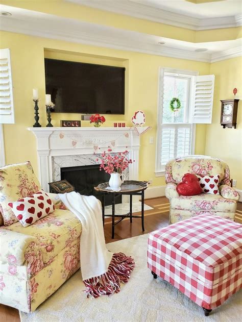 Cheery Yellow And Red Living Room With Heart Pillows Garland