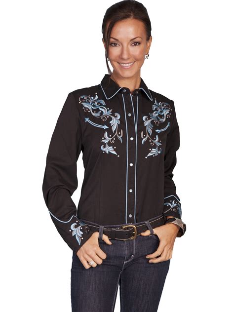 Scully® Ladies Black Floral Embroidered Crystal Accent Western Show Shirt