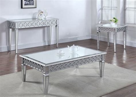 The base is steel with a modern matte black finish. Silver Mirror Coffee Table and Sofa Table