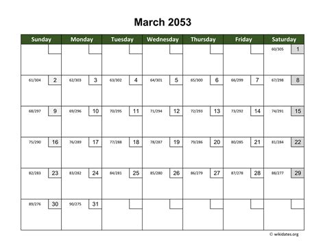 March 2053 Calendar With Day Numbers
