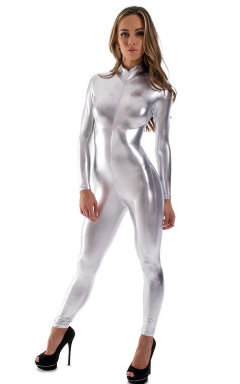 Front Zip Silver Catsuits Womens Long Sleeve Black Catsuit Spandex