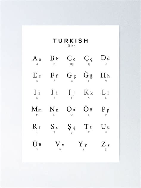 Turkish Alphabet Chart Turkey Language Chart White Poster By