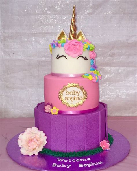 Made This Unicorn 3 Tier Cake With Sugarpaste Horn And Ears And Peony Flower Buttercream Hair