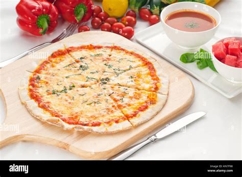Italian Original Thin Crust Pizza Margherita With Gazpacho Soup And