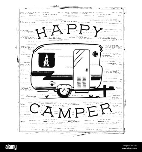 Mobile Recreation Happy Camper Trailer In Sketch Silhouette Style