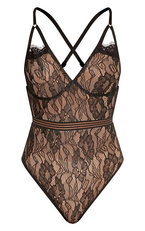 Emsie Black Cut Out Detail Lace Thong Bodysuit Tops