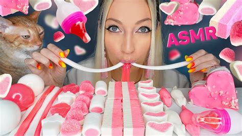 Asmr Eating Pink And White Food Jelly Lollipop Candy Marshmallow Cake Jelly Noodles Mukbang