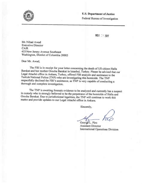 The fbi is a domestic criminal investigation and internal intelligence agency of the united nations. FBI Letter to CAIR