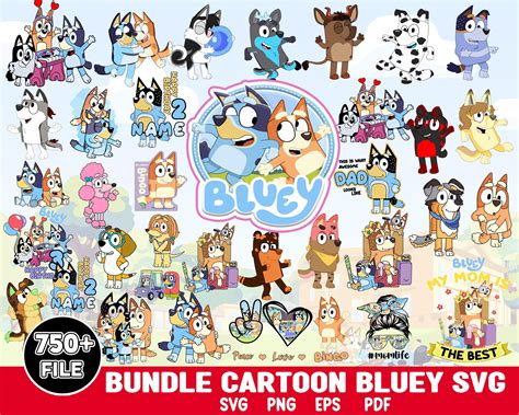 Cartoon Dog Svg Bundle Includes Over 50 Dogs And The Words Bluey On It