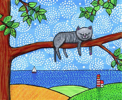 Grey Cat Sleeping In Tree Painting By Shelagh Duffett