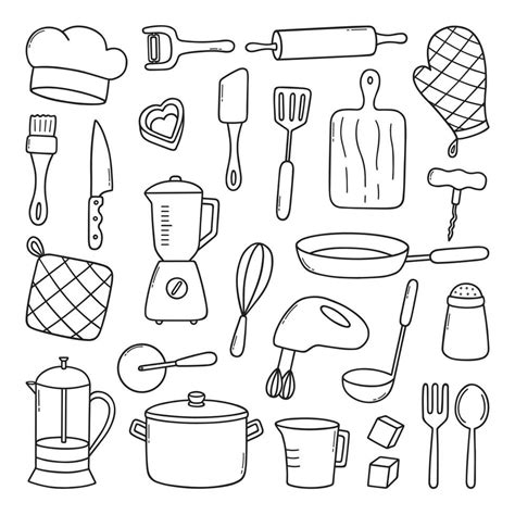 Kitchen Tools Doodle Set Cooking Utensil In Sketch Style Hand Drawn