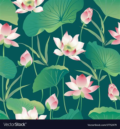Beautiful exotic pattern featuring lotus flowers with stem in hand drawn style. Seamless pattern lotus flowers and leaves Vector Image