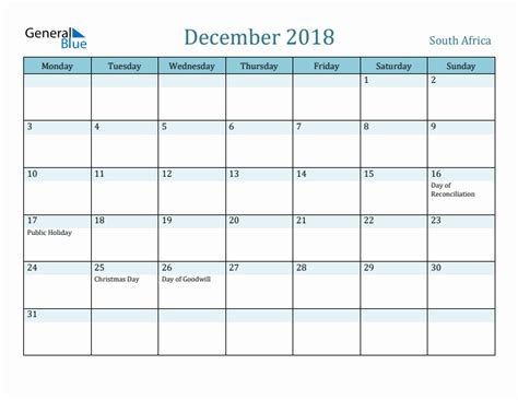 December 2018 South Africa Monthly Calendar With Holidays