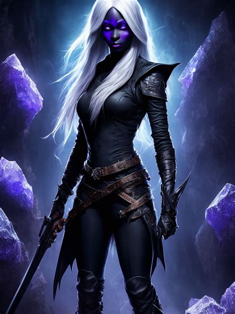 Silverevermoore Female Drow Rogue With Glossy White Hair Purple Eyes