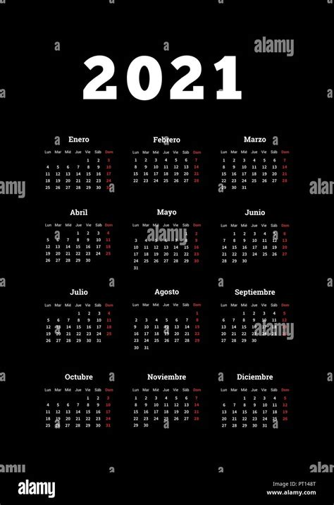 2021 Año Calendario Simple En Español Hoja Vertical De Tamaño A4 En Negro Imagen Vector De