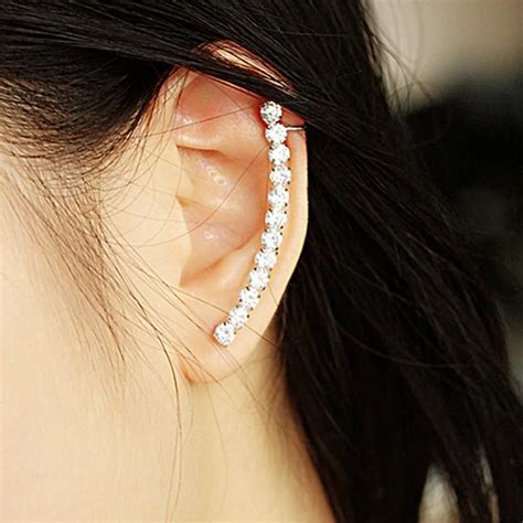 Fashion Ladies Cz Row Rhinestone Crystal Full Ear Clip Cuff Silver