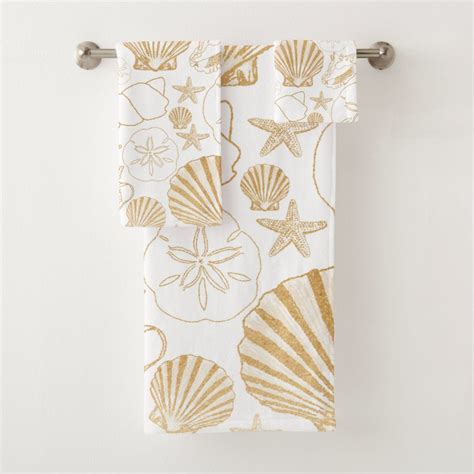 Gold White Beach Themed Bath Decor Sea Shells Bath Towel Set Zazzle
