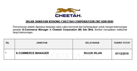 Sebarang pertanyaan & permohonan boleh disalurkan di jobs@amcop.com.my. Permohonan Jawatan Kosong Cheetah Corporation (M) Sdn Bhd ...