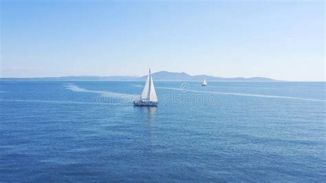 Aerial View Of Sailing Luxury Yacht At Opened Sea At Sunny Day In
