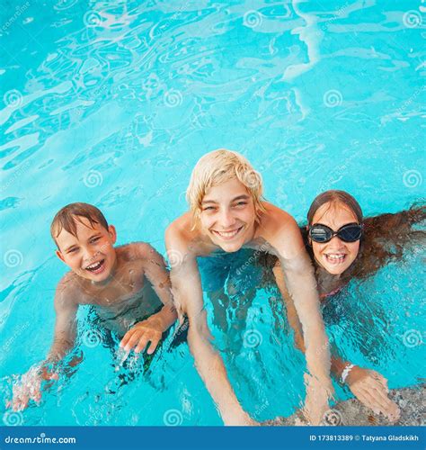 Children Having Fun In Outdoor Swimming Pool Stock Image Image Of