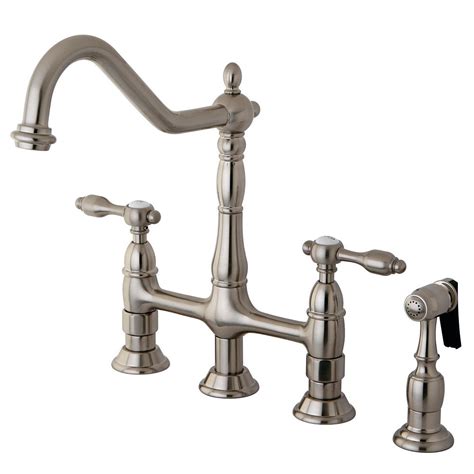kingston brass victorian 2 handle bridge kitchen faucet with side sprayer in satin nickel the