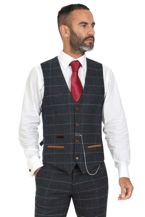 Marc Darcy Eton Navy Check Tweed Waistcoat With Velvet Contrast