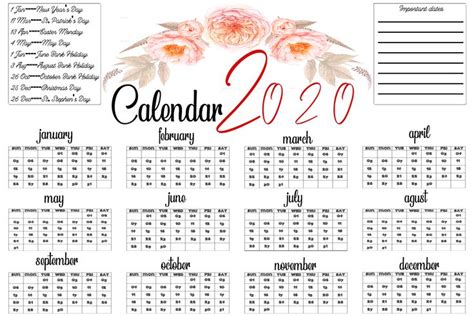 Ireland 2020 Calendar With Holidays Calendar Printables 2020