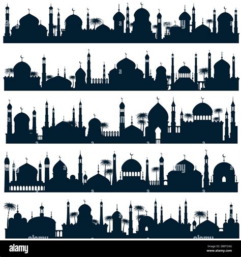 Islamic City Skylines With Mosque And Minaret Vector Silhouettes Arabic