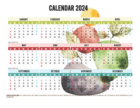 Free Printable Yearly Calendar With Holidays Templates Watercolor