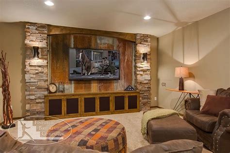 Rustic Basement Design With Reclaimed Corrugated Metal Finished
