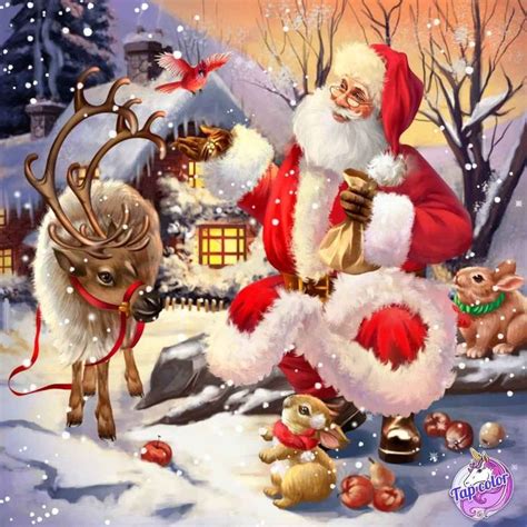 A Painting Of Santa Claus And His Reindeer In The Snow With Christmas Decorations Around Him