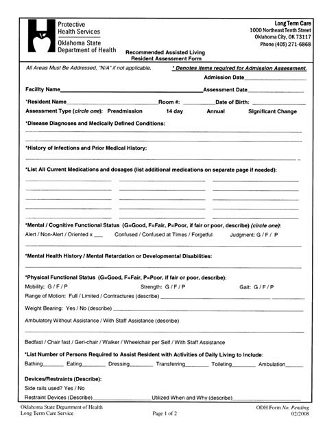 Free Printable Assessment Form For Assisted Living Printable Forms