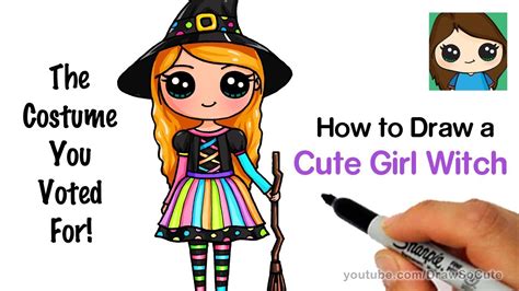How To Draw A Cute Girl In A Witch Costume Youtube