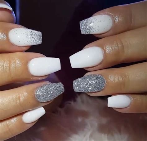 Acrylic Nails White With Silver Glitter Acrylic Powder Crystal Pink
