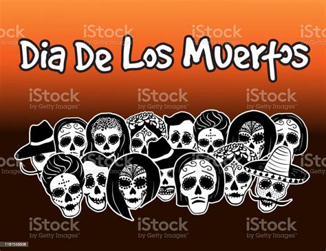 Dia De Los Muertos Banner With Handdrawn Skulls Stock Illustration