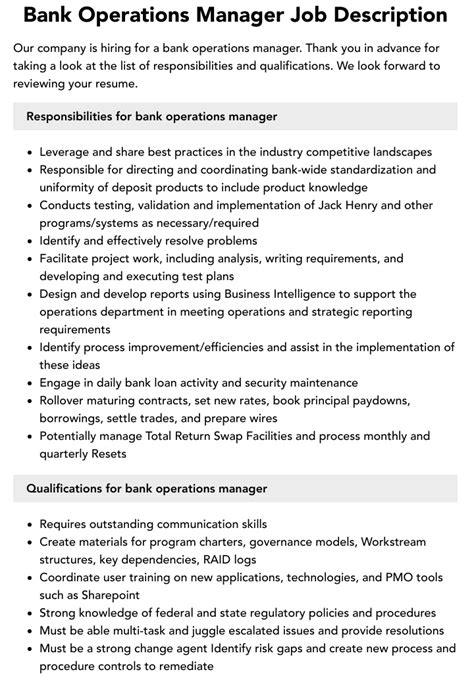 Bank Operations Manager Job Description Velvet Jobs