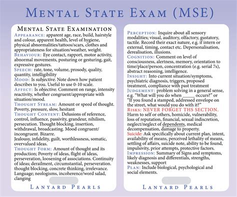 Mental State Exam Mse Lanyard Reference Card By Lanyardpearls
