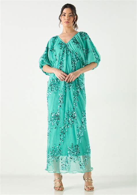 Buy Womens 2xtremz Sequin Embellished Textured Maxi Dress With V Neck And Volume Sleeves Online