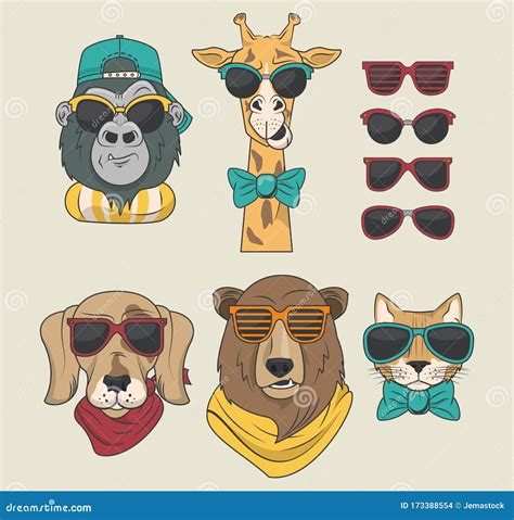 Funny Animals With Sunglasses Cool Style Stock Vector Illustration Of