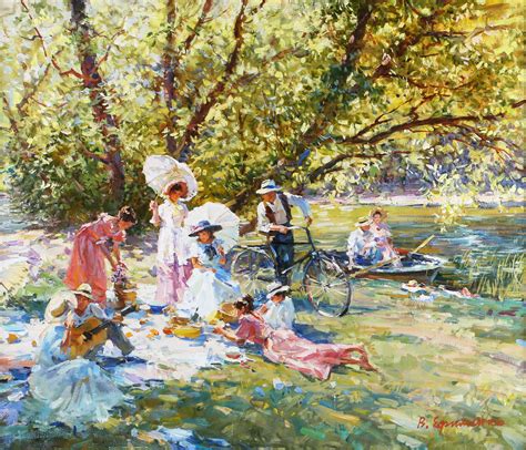 Victor Efimenko Picnic 20th Century Oil On Canvas Signed In