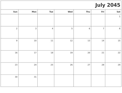 July 2045 Printable Blank Calendar