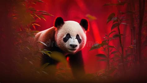 A Panda Bear Standing In The Middle Of A Bamboo Forest Stock