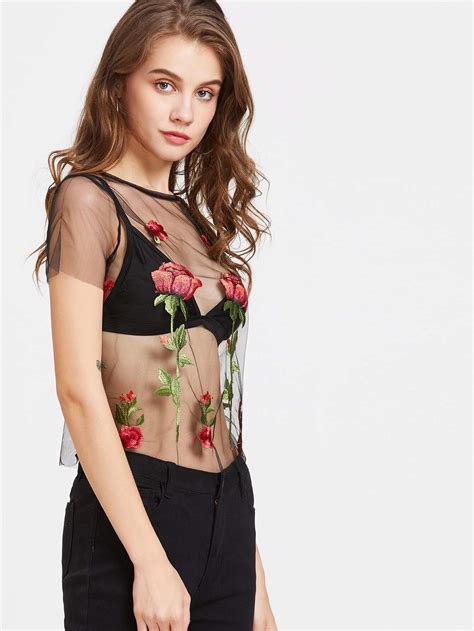 Floral Embroidered Mesh Sheer Topfor Women Romwe